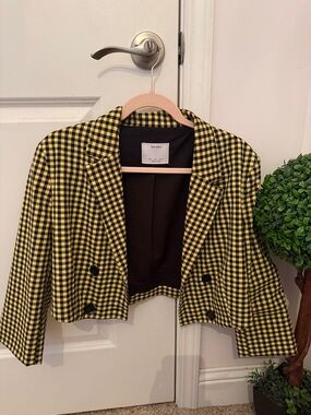 Bershka Yellow and Black Gingham Cropped Blazer